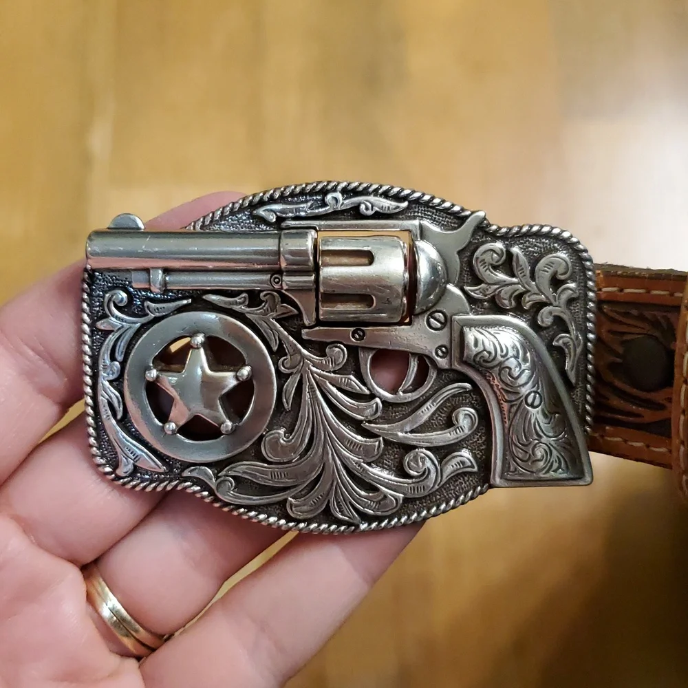 Justin Lil Trigger‎ Brown Leather Belt With Pistol Gun Belt Buckle Boys Size 23